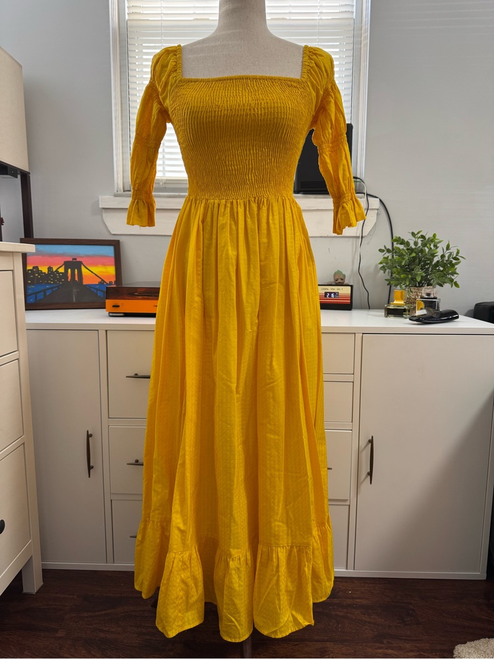 Faithfull The Brand Evrae Yellow Linen Smocked Maxi Dress XS